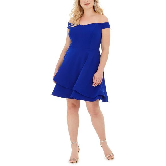 B Darlin Womens Size Off-The-Shoulder A-Line Dress Plus 14W Electric Blue - Picture 1 of 5